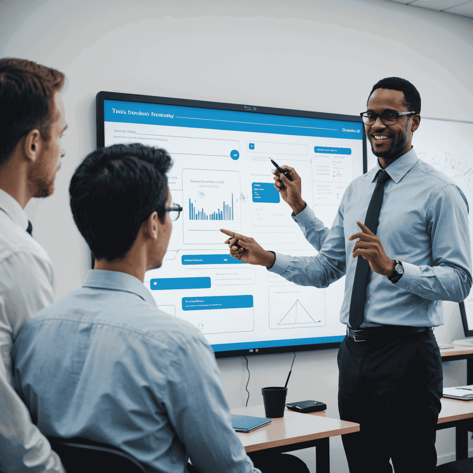 Imagen que muestra a un profesor frente a una pizarra digital, enseñando conceptos básicos de programación a otros educadores. La imagen tiene un efecto duotono en tonos de azul eléctrico y negro.