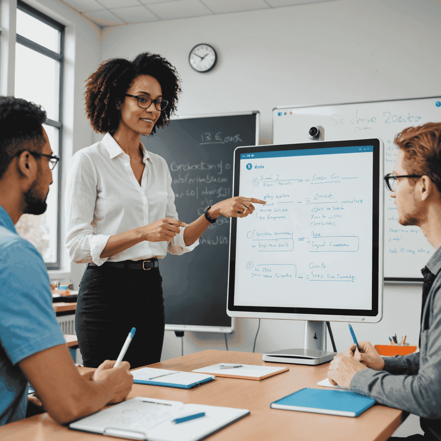 Imagen que muestra un profesor frente a una pizarra digital, enseñando conceptos básicos de programación a otros educadores