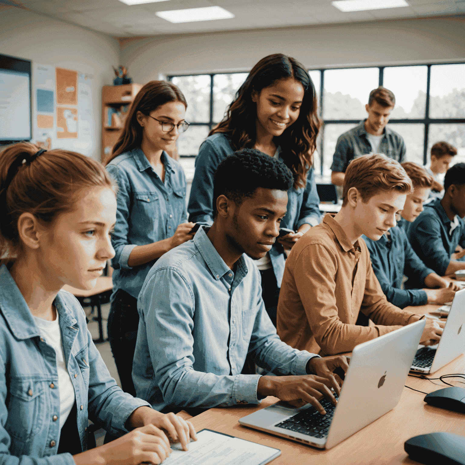 Imagen de estudiantes trabajando juntos en proyectos de programación en un aula moderna con computadoras. Los estudiantes están concentrados y entusiasmados, mientras el profesor guía su aprendizaje.