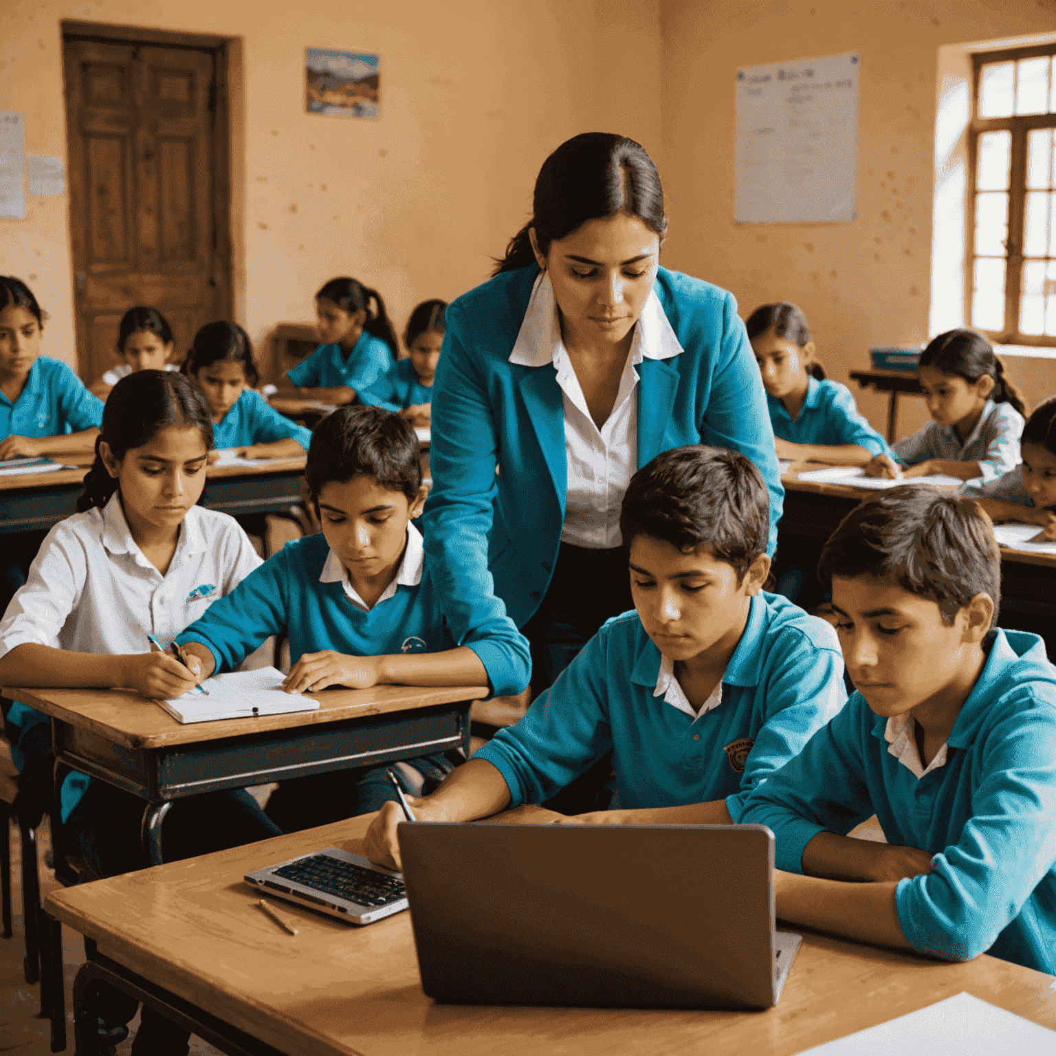 Estudiantes en un aula de una zona rural de México utilizando computadoras portátiles, con un profesor ayudándoles. La imagen muestra una mezcla de tecnología moderna en un entorno con recursos limitados.