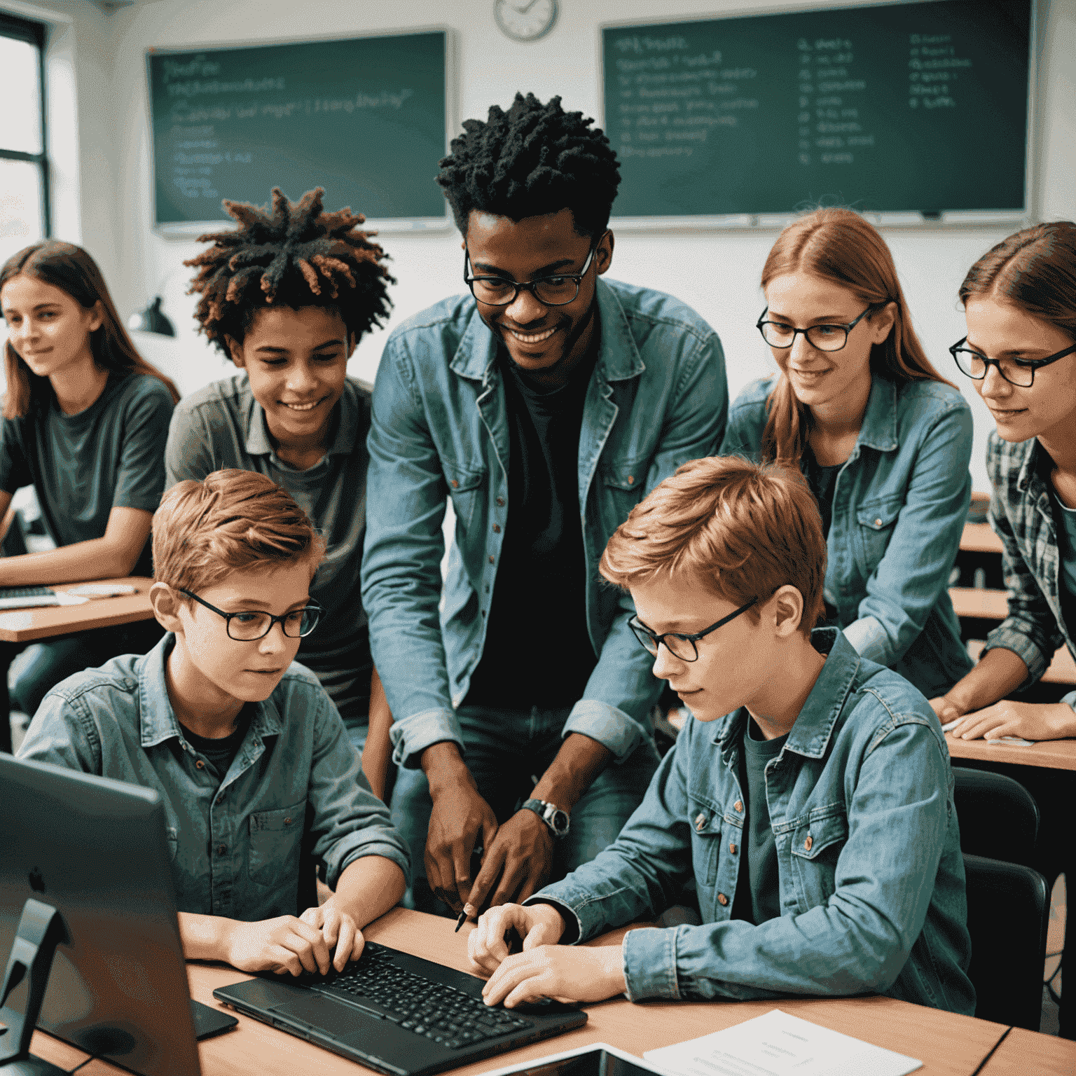 Estudiantes de diversas edades trabajando juntos en un proyecto de programación en un aula moderna equipada con computadoras y pantallas interactivas. Los estudiantes muestran entusiasmo mientras colaboran en código y diseño de aplicaciones.