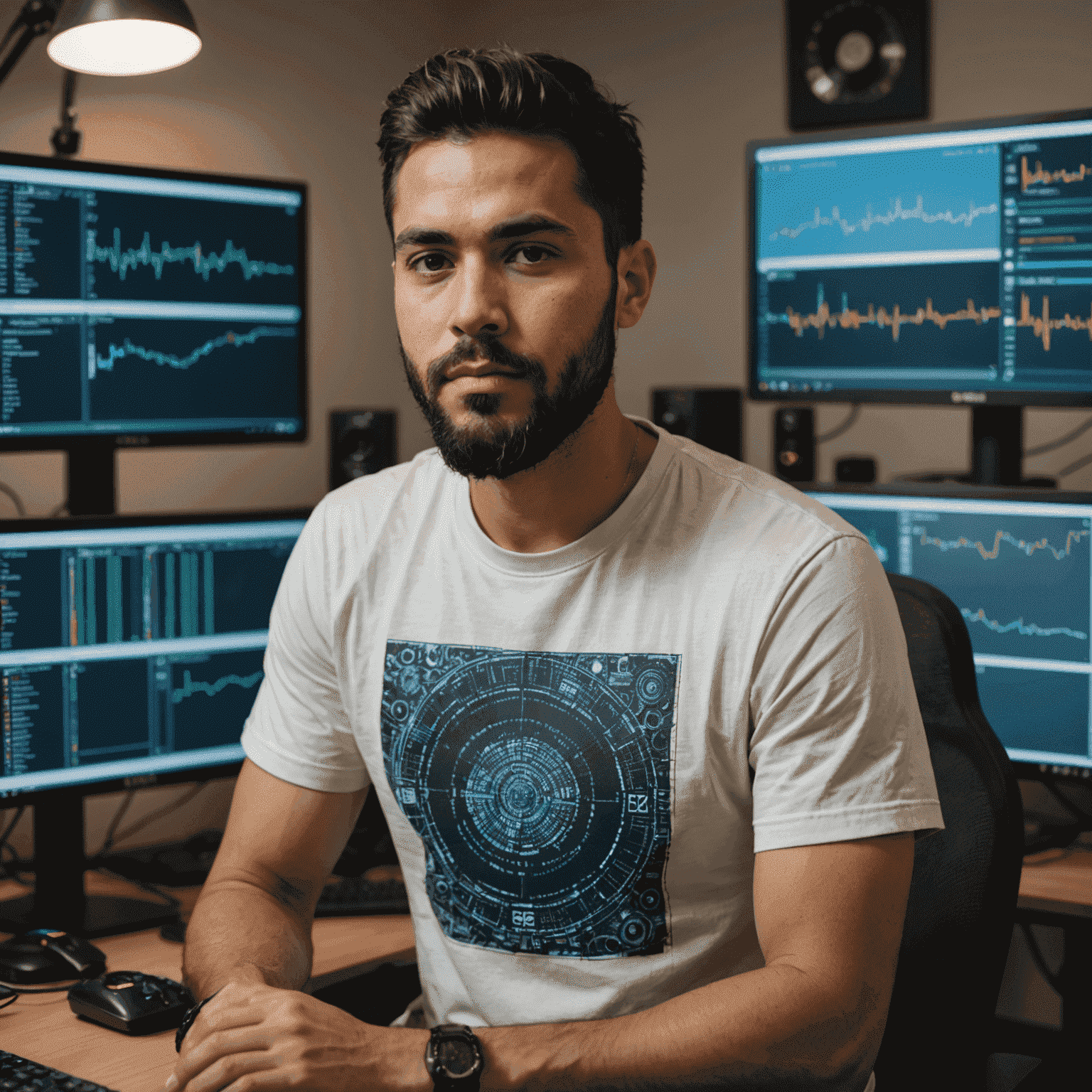 Foto de Carlos Mendoza, un hombre joven con barba, usando una camiseta con código impreso, sentado frente a múltiples monitores