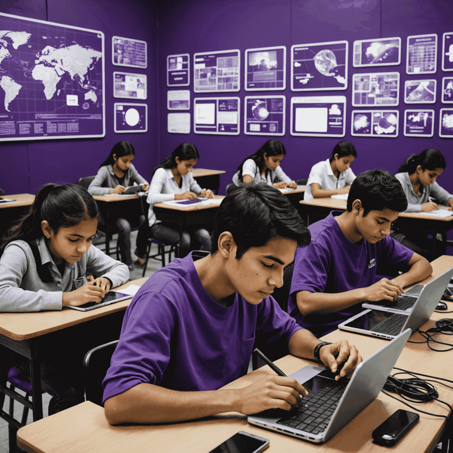 Collage de herramientas educativas tecnológicas populares en México, mostrando tablets, aplicaciones interactivas y estudiantes utilizando tecnología en un aula mexicana. La imagen tiene un efecto duotono en tonos de púrpura cibernético y negro.