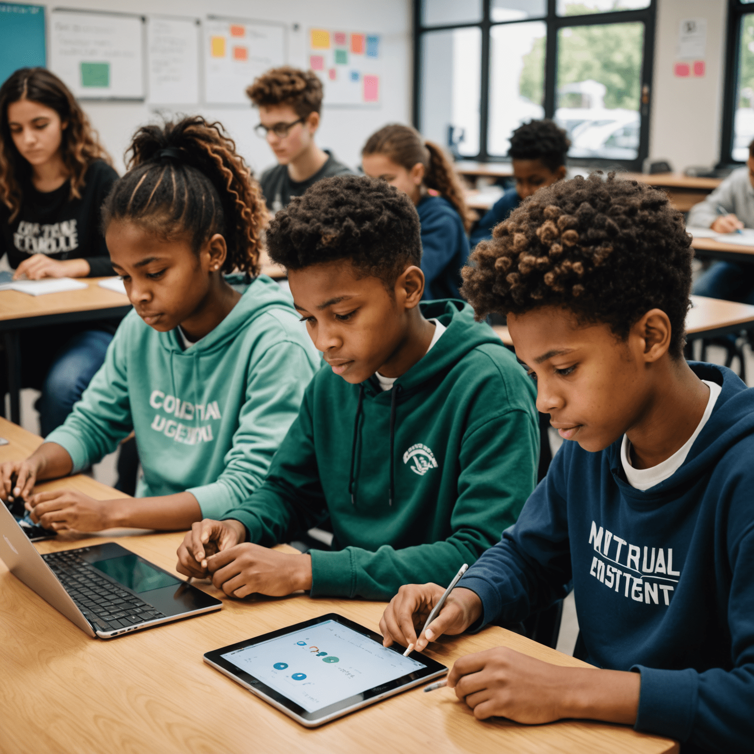 Estudiantes trabajando en proyectos de codificación en tablets y computadoras